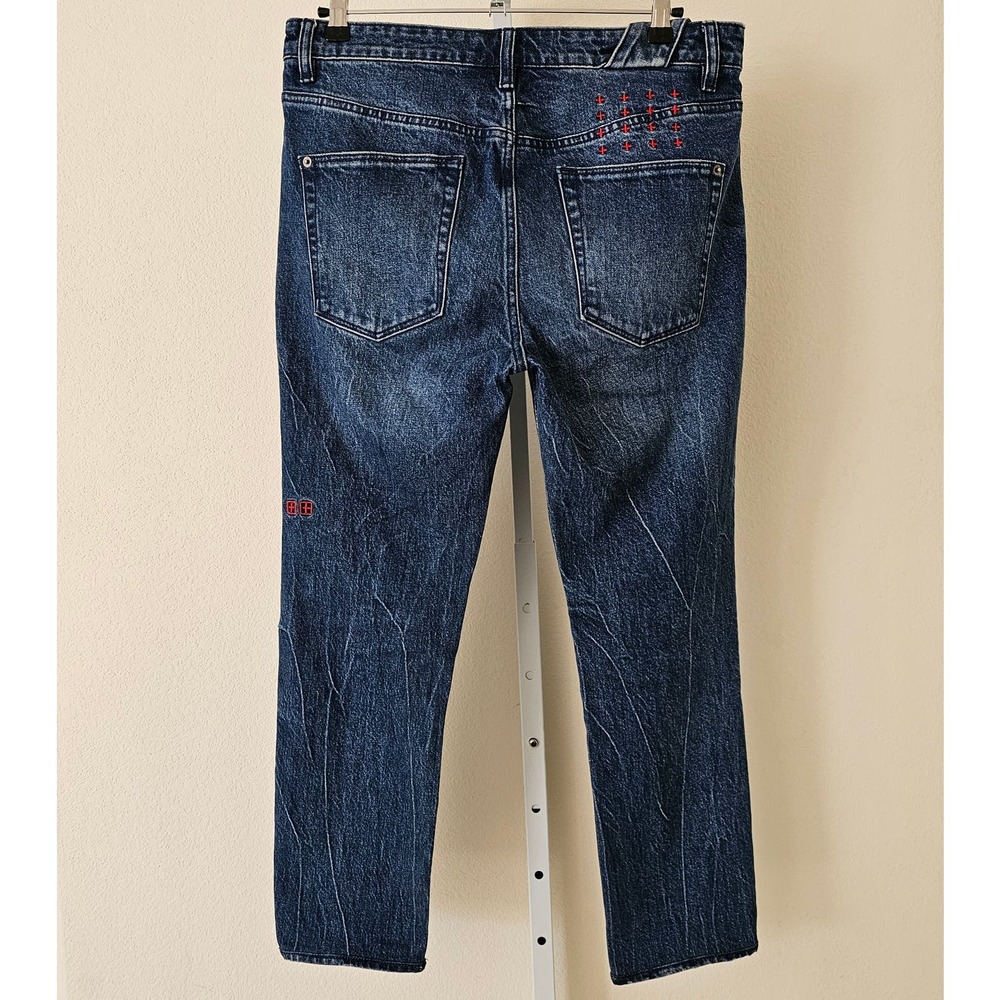 KSUBI Acubi Chitch Hilite Dark Blue Marble Wash Button Slim Fit Jeans Sz 33